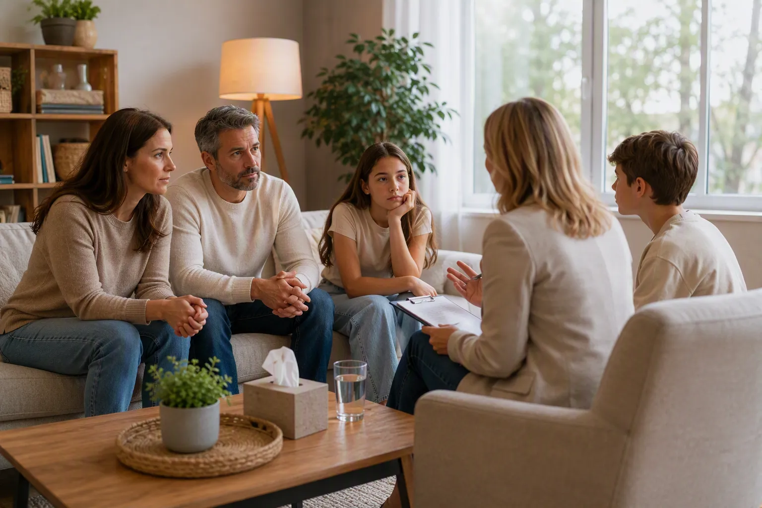 Family participating in a professional counselling session with a therapist, discussing communication, relationships, and family wellbeing in a comfortable therapy setting.