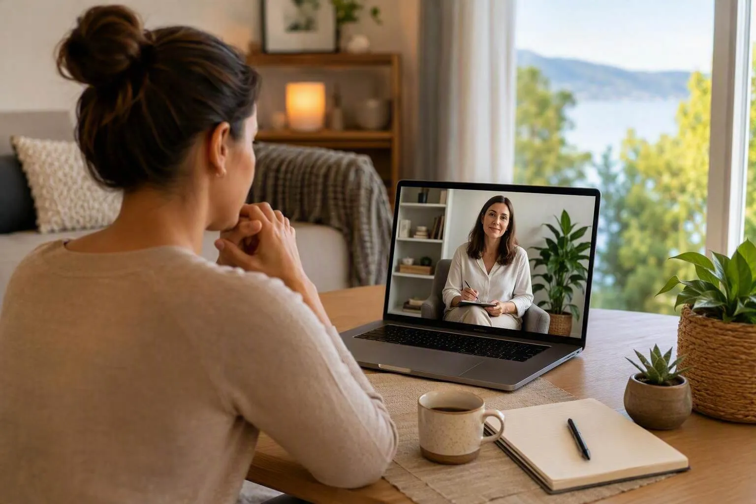 Australian client attending a person-centred telehealth counselling session from home with an online therapist through a secure video consultation.